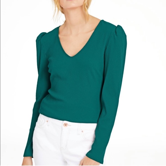 I-N-C Green V-Neck Ribbed Long Sleeve Top  Size  XXL - Picture 1 of 12